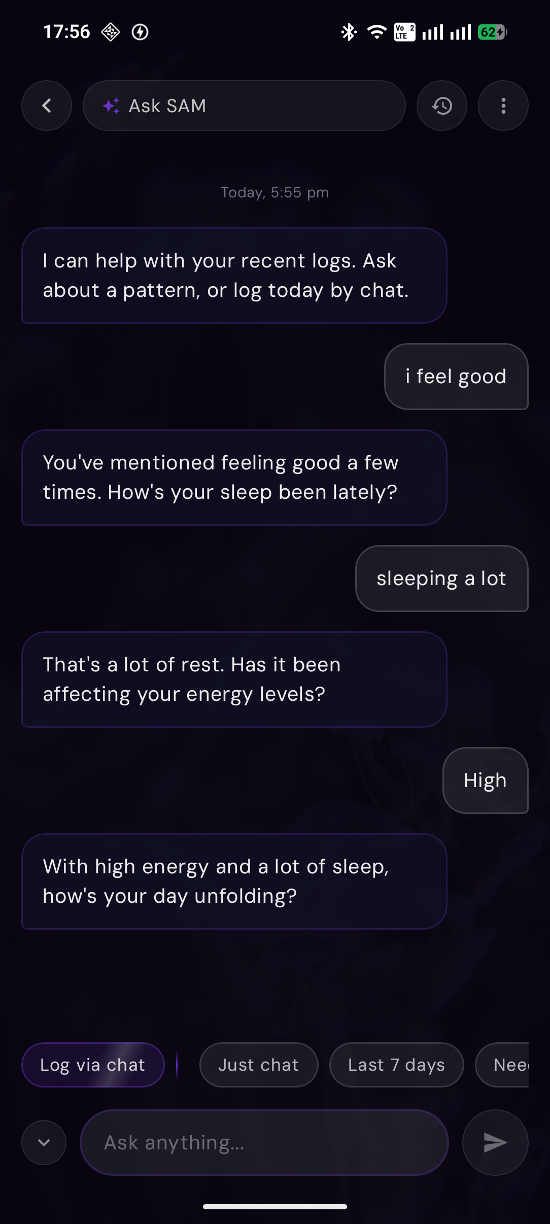 Ask SAM chat screen with recent-log conversation and quick mode chips