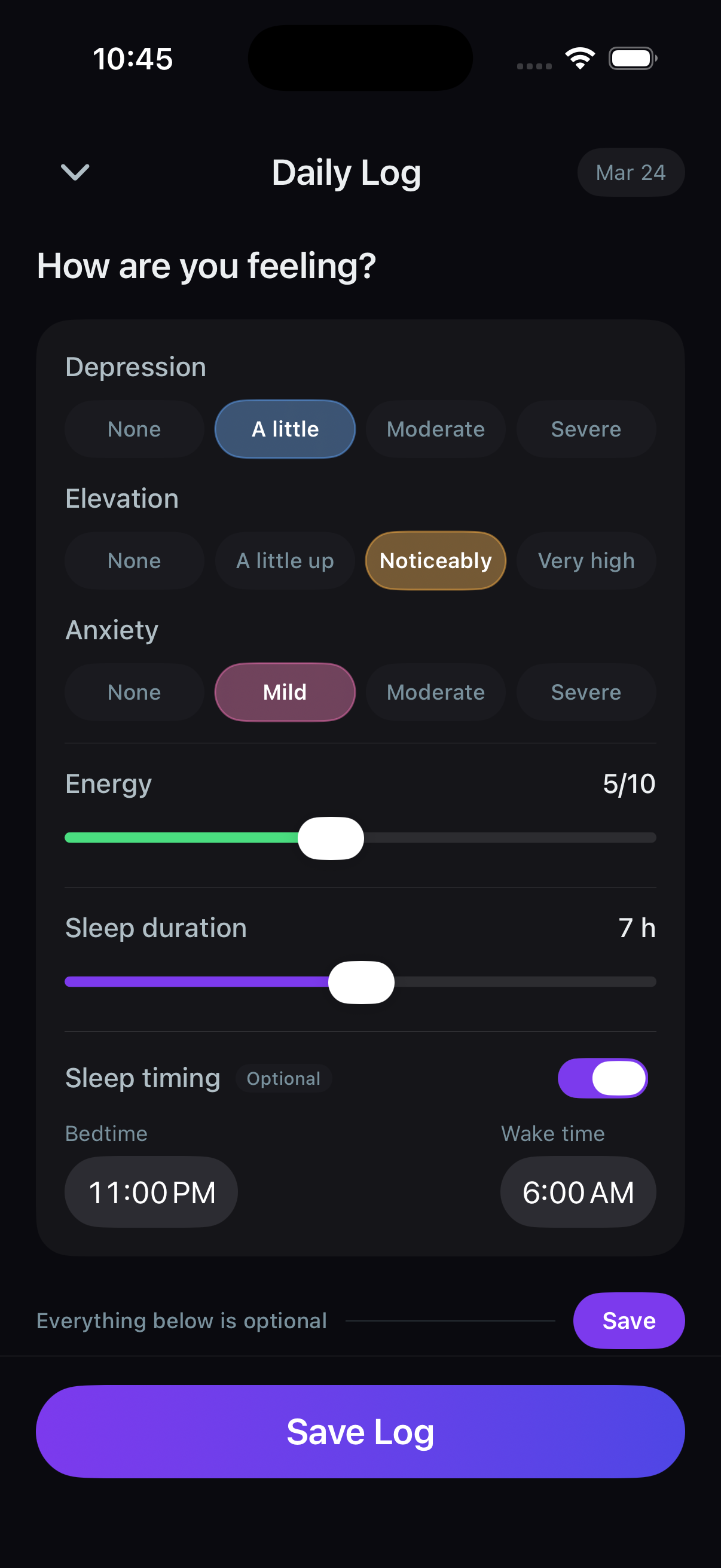 Steadyline Log screen for mood, energy, sleep, and optional context