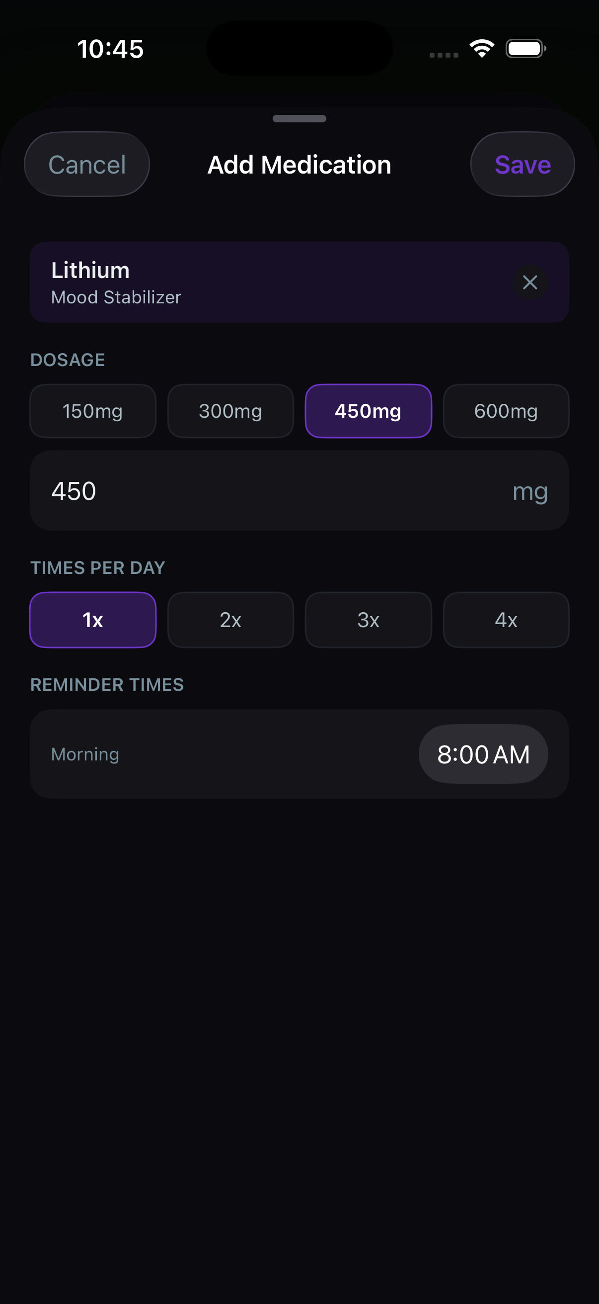 Steadyline Medication screen for tracking daily medication adherence