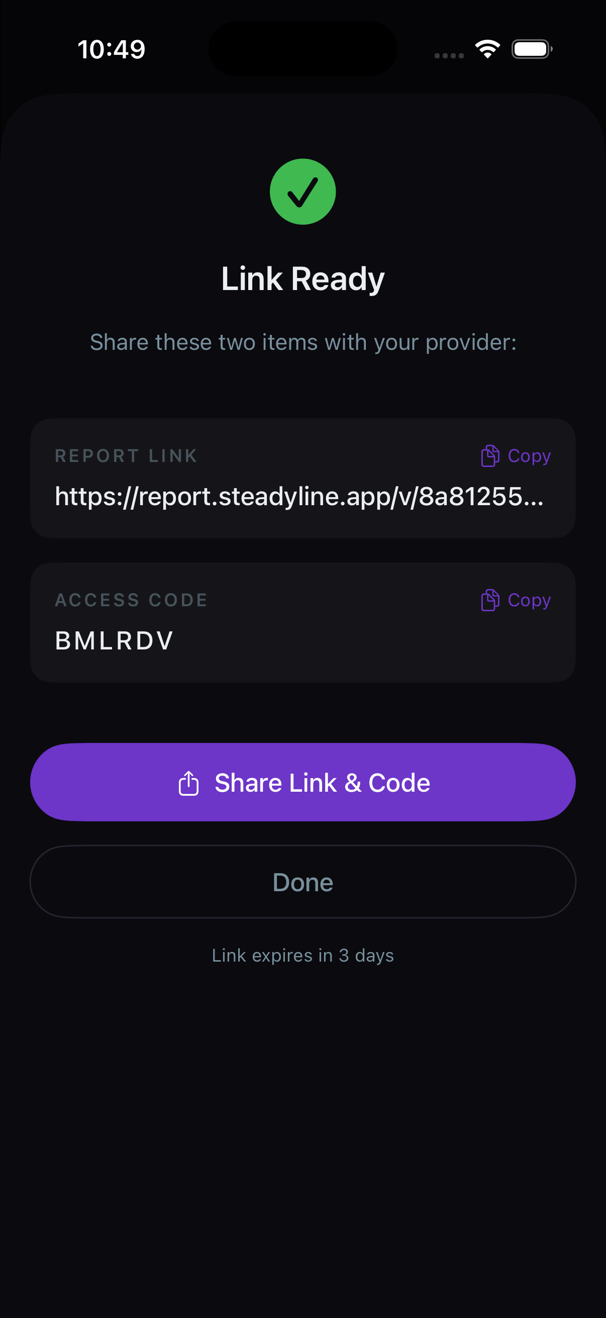 Steadyline report ready screen with secure link and access code